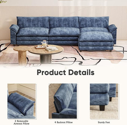 Furniwell Modular Sectional Sofa with Moveable Ottoman, Oversized 3-Seater Couch with Supportive Backrest, Chenille Convertible Sofa Couches for Living Room/Apartment(L Shaped,Blue)