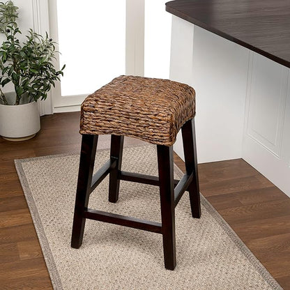 JONATHAN Y CSL1101C Maui 25.5" Rustic Bohemian Hyacinth/Wood Backless Counter Stool for Home, Kitchen, Dining Room, Workspaces, Cafes and Resturants, Dark Brown Woven Seat with Natural Wood Frame