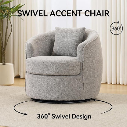 Swivel Accent Chair Set of 2, Modern Upholstered Boucle Barrel Arm Chairs with Pillow for Living Room, 360 Degree Round Swivel Sherpa Armchair with Round Base for Bedroom Club (2, Grey)