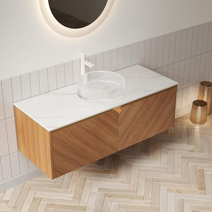 48 Inch Bathroom Vanity with Sink, Floating Fluted Vanity with Vessel Sink, Modern Wall Mounted Bathroom Vanity Cabinet with 2 Doors, Glass Vessel Sink & Sintered Stone Top, Oak