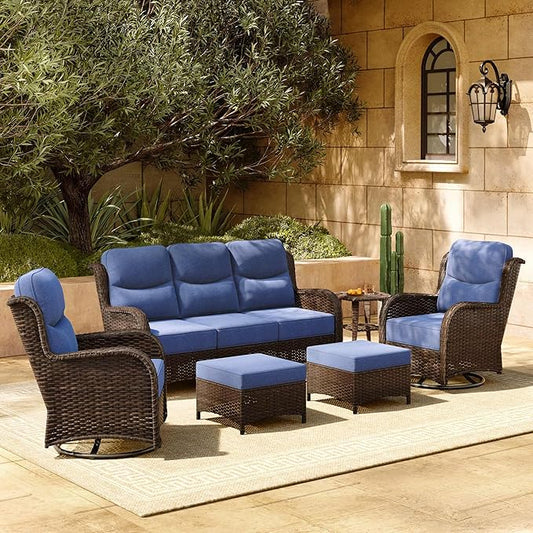 HILLGA Luxury Patio Furniture Set with 6-inch Thick Cushion, Outdoor Couch and High Back Swivel Rocker Patio Chairs, 6PCS Wicker Conversation Set for Deck Yard and Poolside, Blue (V2)