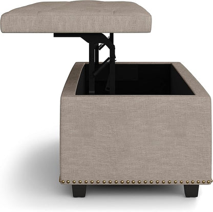 SIMPLIHOME Hamilton 44 inch Wide Traditional Rectangle Lift Top Rectangular Storage Ottoman in Natural Linen Look Fabric, Assembled, For the Living Room, Entryway and Family Room