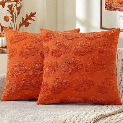 decorUhome Decorative Two Rust Pumpkins Thanksgiving Throw Pillow Covers 20x20 Set of 2, Soft Chenille Jacquard Farmhouse Textured Pillow Covers for Couch Bed Sofa Autumn Harvest Halloween Holiday