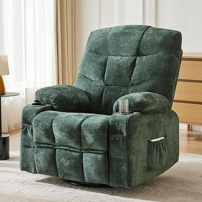 Manual Rocker Recliner Chair, 360°Swivel Recliner Chairs for Adults, Single Recliner Seat with Cup Holders,Upholstered Fabric Lazy Boy Recliner,Green