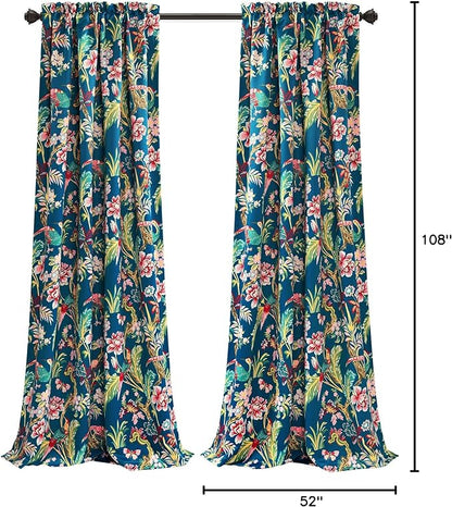 Lush Decor Dolores Light Filtering Window Panels, Pair, 52" W x 108" L, Navy & Multi - Floral Curtains for Bedroom - Vintage Curtains - Coquette Room Decor