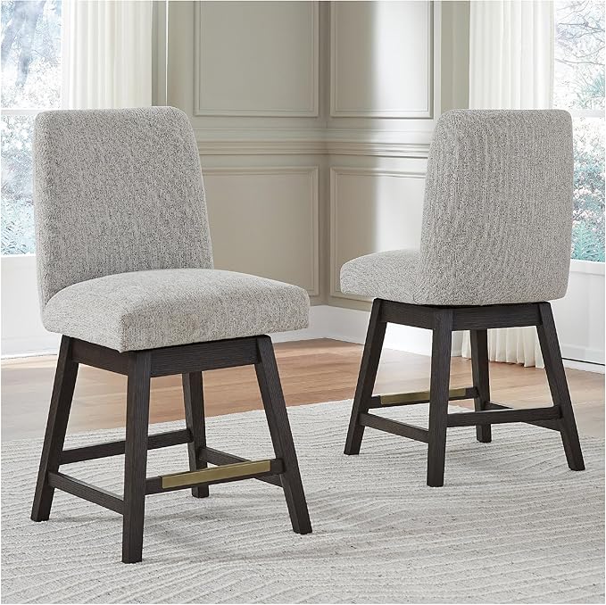 Signature Design by Ashley Burkhaus Counter Height Upholstered Swivel Barstool, Set of 2, Foam Cushion, Metal Footrest, Solid Wood Frame, Beige & Dark Brown