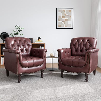 UIXE Faux Leather Accent Chair for Living Room, Tufted Arm Chair Retro Upholstered Club Armchair with Solid Wood Legs - Dark Red, Set of 2