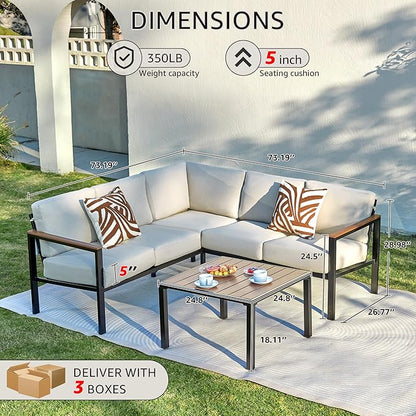 NATURAL EXPRESSIONS 6 Pieces Patio Furniture Set,Outdoor Couch Sofa with Thick Olefin Cushions,Fauxwood Armrest and Tabletop,Ergonomic Highback Frame,Outdoor Sectional Furniture for Backyard,Deck