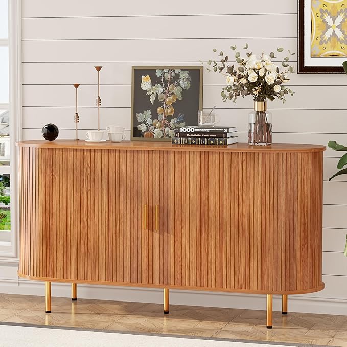 DHH Storage Cabinet, Fluted Sideboard Buffet Cabinet with Tambour Sliding Doors& Adjustable Shelf, Accent Coffee Bar Console Table for Kitchen, Living Room, Entryway (Yellow Walnut 55 Inch)