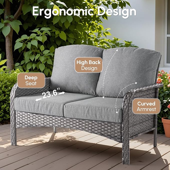 2 Pieces Wicker Patio Furniture Loveseat with Table - Outdoor Rattan Patio Bistro Set of 2,All-Weather PE Wicker Conversation Sofa High Back Deep Seating for Deck Porch Yard,Grey