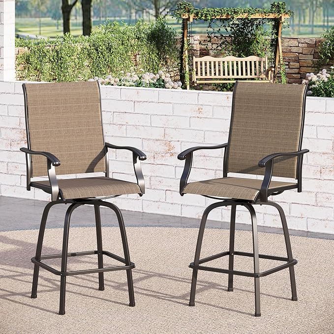 Sophia & William Swivel Bar Stools Set of 2, Bar Height Chairs, Outdoor Bar Chairs, High Top Patio Chairs, Supports 300 lbs (Brown Fabric)