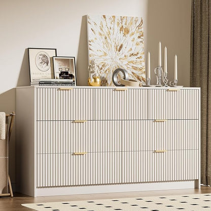 Beige Dresser for Bedroom, Modern Dresser with 7 Drawers and Smooth Slides, Wide Chest of Drawers with Golden Handles for Bedroom, Living Room, Closet, 15.7" D x 55.1" W x 31.4" H