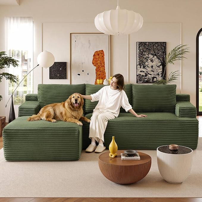 96''Sectional Couches for Living Room,Modern Modular Sectional Sofa,Upholstered Boneless Couch with Pockets,Comfy Cloud Couch with L Shaped Chaise(Green, 96''W Left Facing Chaise)