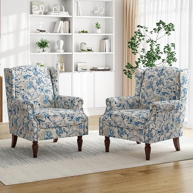 Pia Ricco High Back Floral Accent Chair - Retro Wingback Upholstered Armchair with Nailhead Trim, Solid Wood Legs, Fabric Living Room Bedroom Reading Chair (Flower Blue)