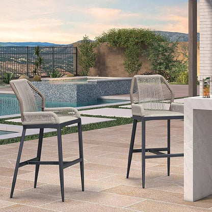 PURPLE LEAF 4 Pieces Bar Stools Patio Modern Rattan Barstools Aluminum Woven Tall Bar Chairs with Cushions for Outdoor Kitchen Island Garden