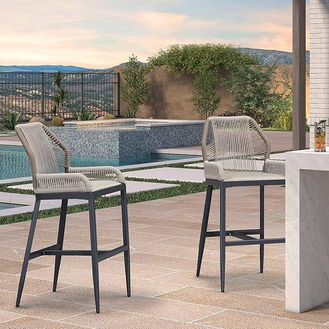PURPLE LEAF 2 Pieces Bar Stools Patio Modern Rattan Barstools Aluminum Woven Tall Bar Chairs with Cushions for Outdoor Kitchen Island Garden