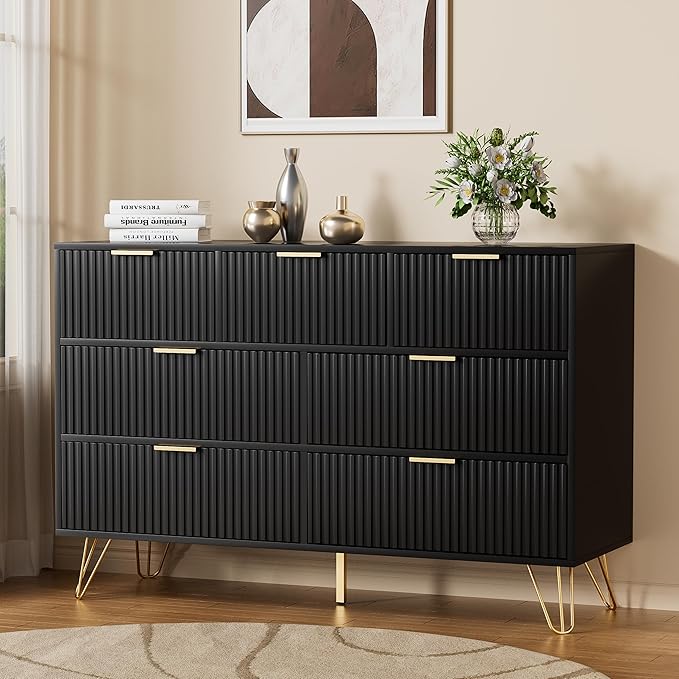 Dresser for Bedroom, Modern Fluted 47.2" Wide Chest of Drawers with Gold Pulls and 7 Drawers, 15.7" D x 47.2" W x 31.4" H, Black