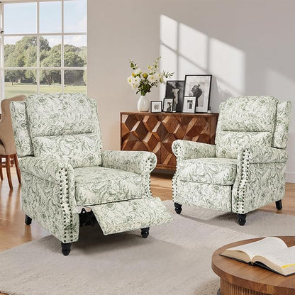 Lumibee Recliner Chairs Set of 2, Wingback Recliner Chairs for Living Room, Modern Upholstered Fabric Pushback Armchairs with Adjustable Backrest & Footrest for Small Spaces,Bedroom-Rococo Green