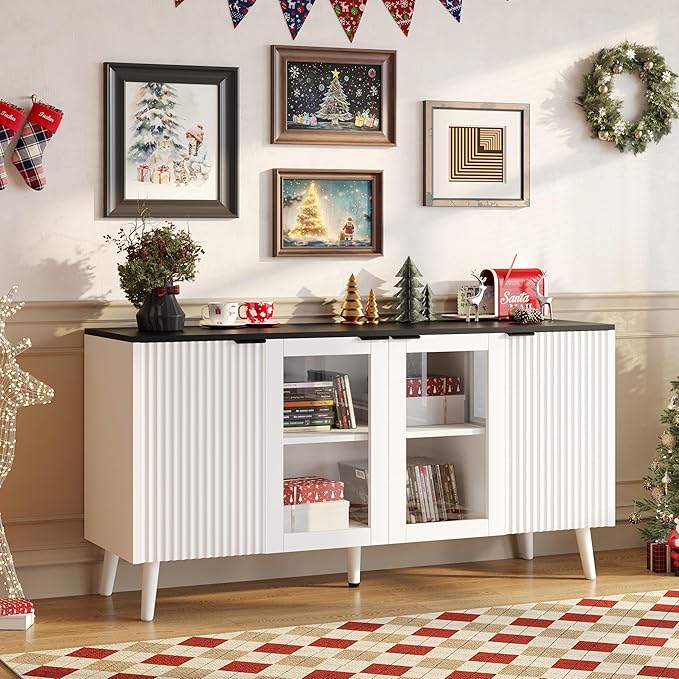 JASIWAY Buffet Cabinet with Storage 55" Fluted Sideboard with Glass Door Modern Coffee Bar Table Accent Credenza Cabinet for Dining Room, Kitchen, Living Room, Hallway, White and Black