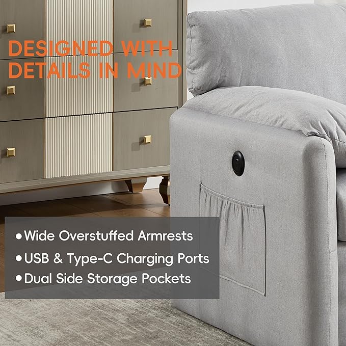 Oversized Accent Chair Mid-Century Modern Armchair for Living Room,USB and Type-C Ports,Comfy Reading Chairs for Bedroom with Side Pockets,Extra-Wide Single Sofa Chair (LightGrey, Set of 1)