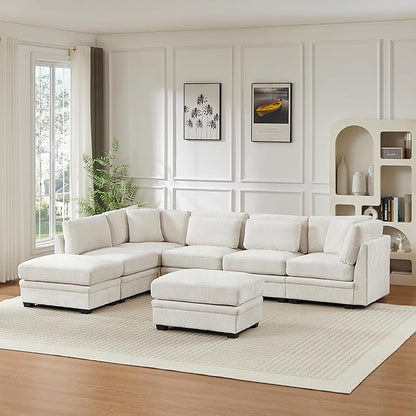 Christopher Knight Home Zery 7-Piece U-Shape Lounge Sofa Couch with Ottomans, Modern Modular Sectional Sofa Set with Pillow Back for Living Room, Chenille Upholstered Cloud Couch with Deep Seat,Beige