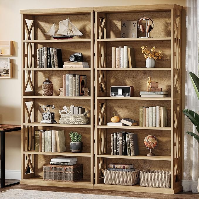 Tribesigns 6-Tier Bookshelf, 71 Inches Tall Freestanding Bookcase, Large Industrial Bookshelves Display Shelves, Wooden Book Shelf for Home Office, Living Room, Bed Room, Natural, 2pcs