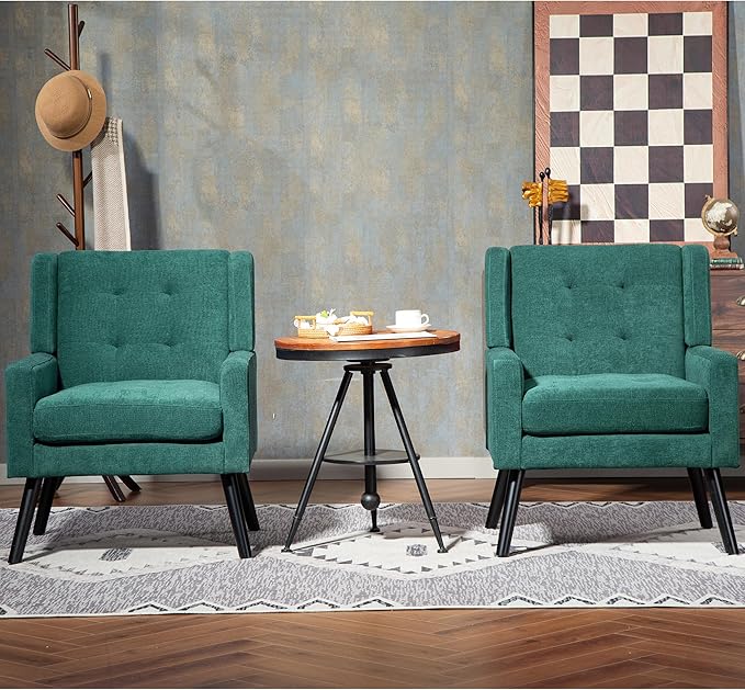 Mid-Century Modern Accent Chair Set of 2, Plush Linen Fabric with Button Tufted High Back & 5" Thick Cushion, High Comfort Reading Chair for Living Room, Bedroom, Office (Green)