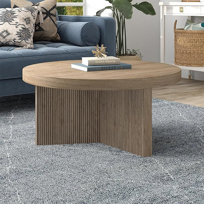 Henn&Hart 32" Fluted Round Low-Profile Coffee Table with Ribbed Pedestal Base for Living Room, Family Room, Office, or Apartment, Antiqued Gray Oak