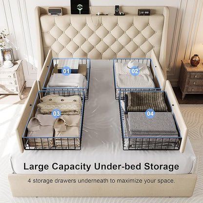 Full Size Upholstered Platform Bed Frame with 4 Storage Drawers and Charging Station, Linen Button Tufted Wingback Headboard, Sturdy Wooden Support Slats, No Box Spring Needed, Beige