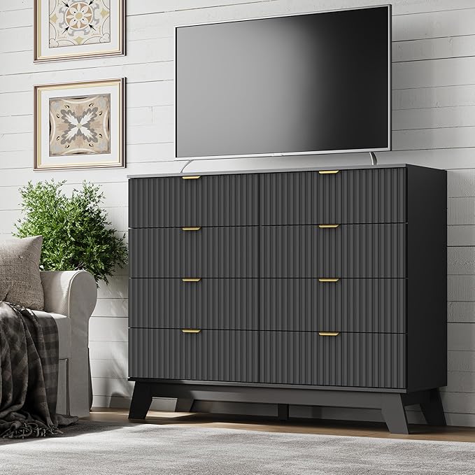 Fluted 8 Drawer Tall Dresser, 47.2" Wide Modern Boho Chest of Drawers, Wooden Storage Dresser TV Stand for Bedroom, Living Room, Closet, Hallway, Curved Profile Design