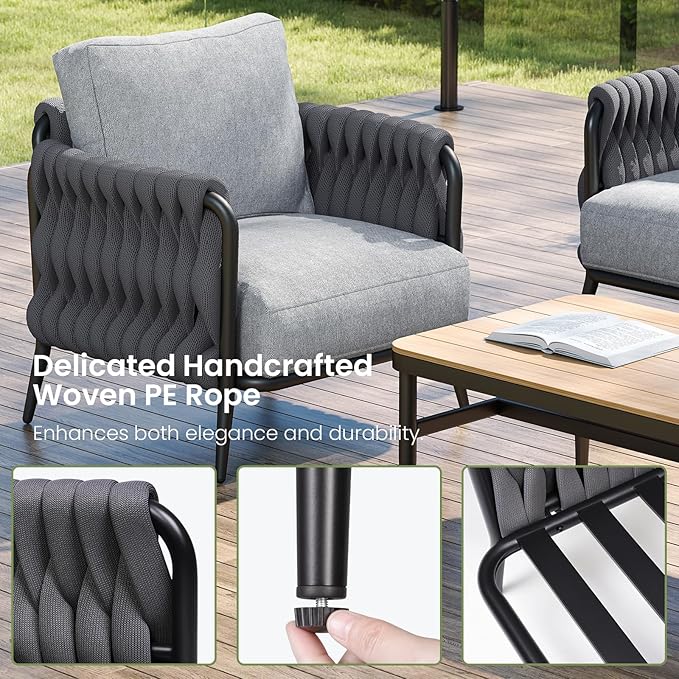 Outdoor Patio Furniture Set 6-Piece, Outdoor 5-Seat Sofa with Coffee Table, Waterproof Thick Cushion Patio Conversation Set, All Weather Outdoor Couch Set for Deck, Lawn, Balcony, Porch