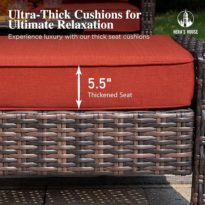HERA'S HOUSE Oversized Patio Wicker Chairs, High Back Outdoor Swivel Chairs Set of 2 with Rattan Side Table, 5.5" Thick Cushions, 3-Piece Patio Furniture Sets for Deck Porch Pool, Brown/Red