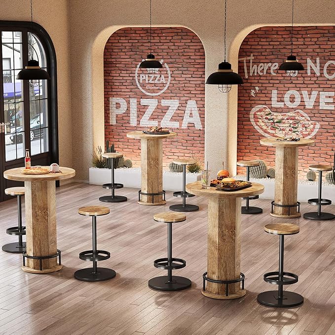 Tribesigns Round Bar Table with Chairs, Industrial Bistro Sets with 2 barstools, Pub Cocktail Table with Metal Ring Footrest for Kitchen Nook, Apartment, Small Space