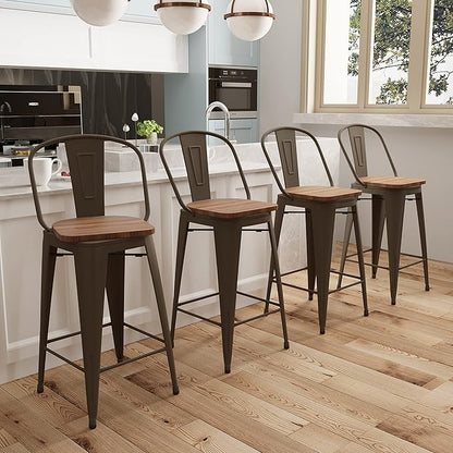 Aklaus Swivel Metal Bar Stools with Backs Counter Stools Set of 4 Counter Height Stools High Back Bar Chairs 24 Inch BarStools Farmhouse Rusty Barstools