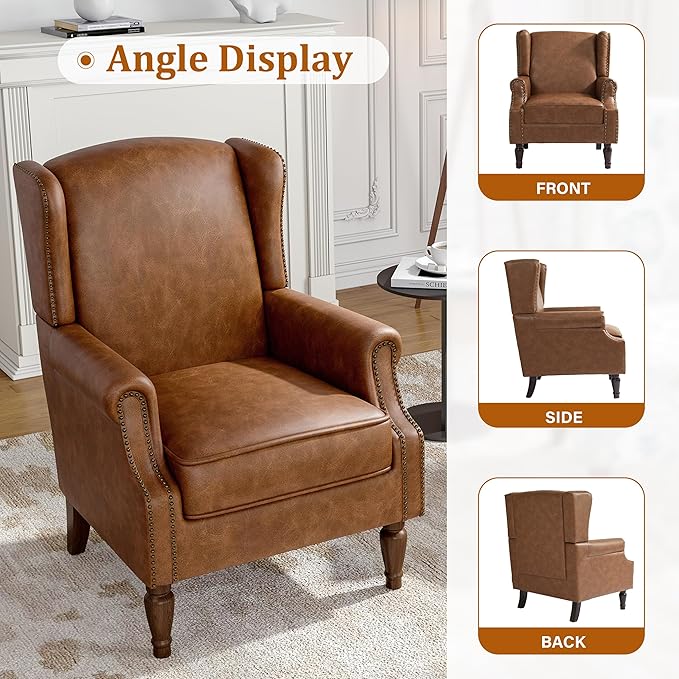 Faux Leather Wingback Accent Chairs Set of 2, High Back Upholstered Armchair, Comfy Fabric Wingback Arms Chairs with Solid Wood Legs, Single Sofa Reading Chair for Bedroom Living Room, Brown