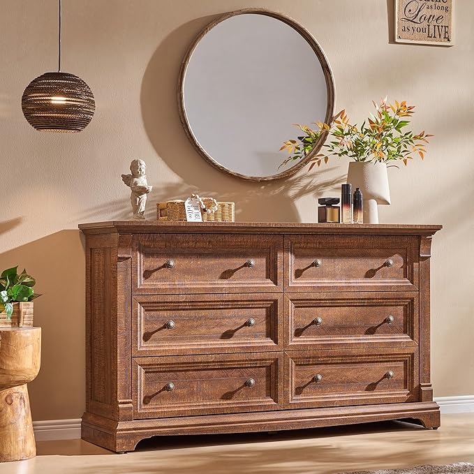 Farmhouse 6 Drawers Dresser for Bedroom, 54" Wide Large Dressers & Chests of Drawers w/Roman Column, Wooden Dresser TV Stand with Large Drawers for Bedroom Living Room Hallway,Reclaimed Barnwood