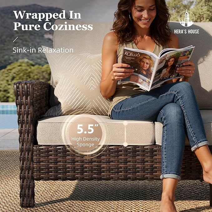 HERA'S HOUSE Patio Furniture Set with Swivel Chairs, High Back Outdoor Wicker Furniture with 5.5" Thick Cushions, Outside Conversation Sofa Sets for Backyard Deck Lawn, Beige