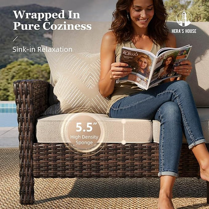 HERA'S HOUSE Patio Furniture Set with 35" High Back Swivel Chairs, Outdoor Wicker Conversation Sofa Sets, 5.5" Thick Cushions for Deck Lawn Poolside Backyard, Beige