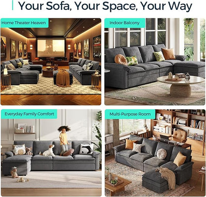 LINSY HOME U Shaped Cloud Couch Sectional Sofa, 115" Modular Couches with Double Chaise Lounge, Chenille 4 Seater Sofa Set for Living Room, Apartment, Office, Grey