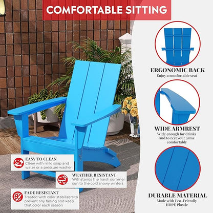 Costaelm Folding Adirondack Chairs, Outdoor Patio Adjustable Lawn Chairs, Weather Resistant Outside Firepit Chairs for Porch, Poolside, Garden, Backyard Deck, Pacific Blue
