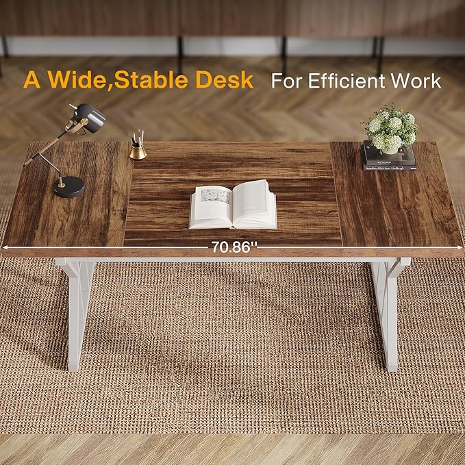Tribesigns 70.86-Inch Large Executive Desk, Industrial Home Office Computer Desk, Simple Long Writing Study Table Business Furniture (Brown-White)