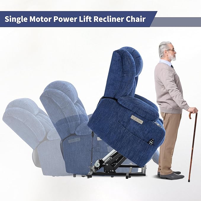 Power Lift Chair for Elderly, Electric Recliner Chair with 8-Point Vibration Massage and Lumbar Heating with Charging Ports, Cup Holders, Standing Assistance Reclining - Bright Blue