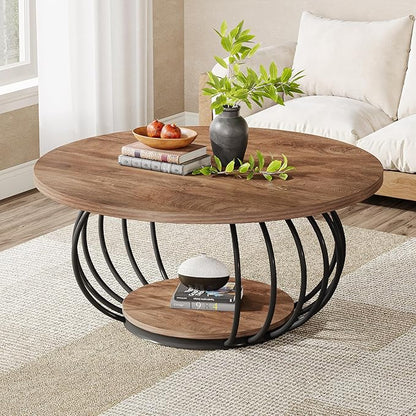 Tribesigns Round Coffee Table for Living Room, 39.4" Industrial Wooden 2-Tier Circle Accent Center Cocktail Table with Storage Shelf and Metal Frame, Rustic Brown & Black
