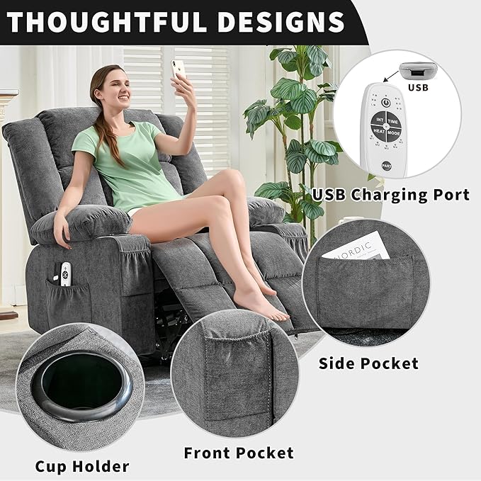 Large Power Lift Recliner Chair for Elderly Wide Electric Lift Chair with Massage and Heat for Big and Tall Adults Reclining Sofa Chair with Remote Control, Cup Holders, Side Pockets, USB Port, Gray