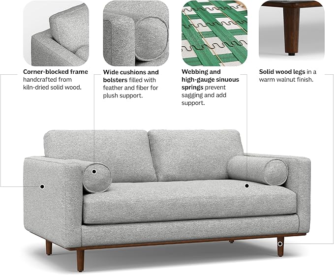 SIMPLIHOME Morrison 72-inch Wide Sofa in Mist Grey Woven-Blend Fabric, Handcrafted Mid-Century Modern Loveseat for Living Room or Family Room, Single Bench Cushion, Bolster Pillows