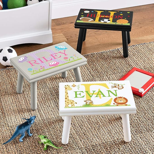 Let’s Make Memories Personalized My Own Name Step Stool - Children’s Step Stool - Sturdy Wood – Non-Toxic Paint, Sealer - Jungle Design - Espresso - 14’Wx9.25”Lx8.75”H - Ages 3+