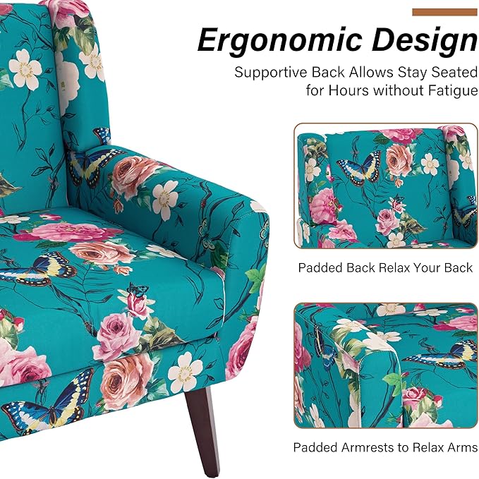 Accent Chairs Set of 2, Modern Fabric Armchairs for Living Room, Comfy Upholstered Arm Chairs Tufted for Indoor Bedroom Office Room (Pattern Blue)