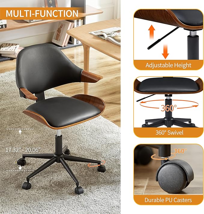 Art Leon Swivel Desk Chairs, Set of 2, Mid Century Modern Office Chairs with Wheels, Faux Leather Upholstered Armchairs, Adjustable Height Task Chairs with Metal Base, Walnut Bentwood, Black