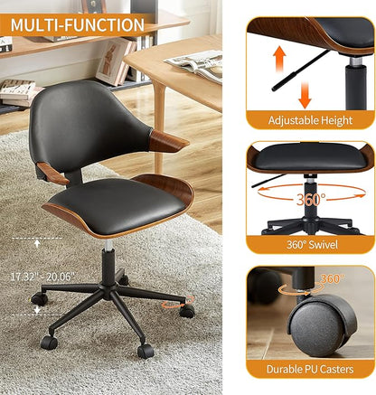 Art Leon Swivel Desk Chairs, Set of 2, Mid Century Modern Office Chairs with Wheels, Faux Leather Upholstered Armchairs, Adjustable Height Task Chairs with Metal Base, Walnut Bentwood, Black