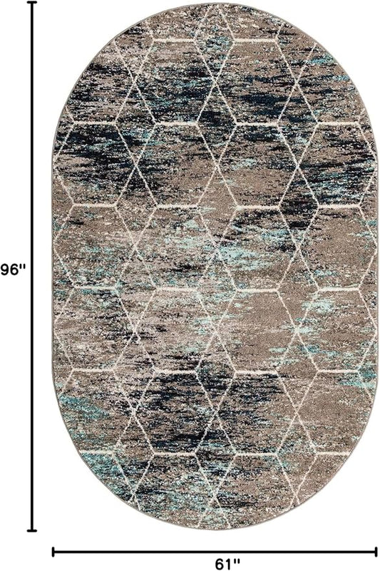 Unique Loom Trellis Frieze Collection Area Rug - Geometric (5' x 8' Oval, Blue Multi/ Ivory)